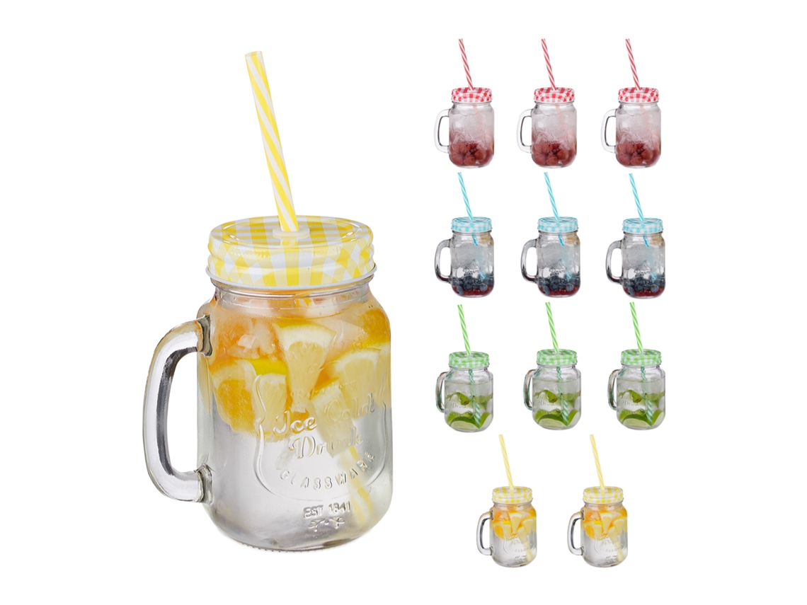 Relaxdays Jarras Con Tapa Y Pajita, Set De 12 Jarritas Limonada, 500 Ml, Vasos Retro Veraniegos Con Asa, Multicolor