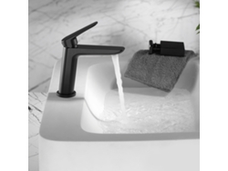 Grifo monomando para lavabo, serie Belgica, en latón y zama negro mate, con cartucho cerámico de Ø35 mm y latiguillos flexibles Imex.