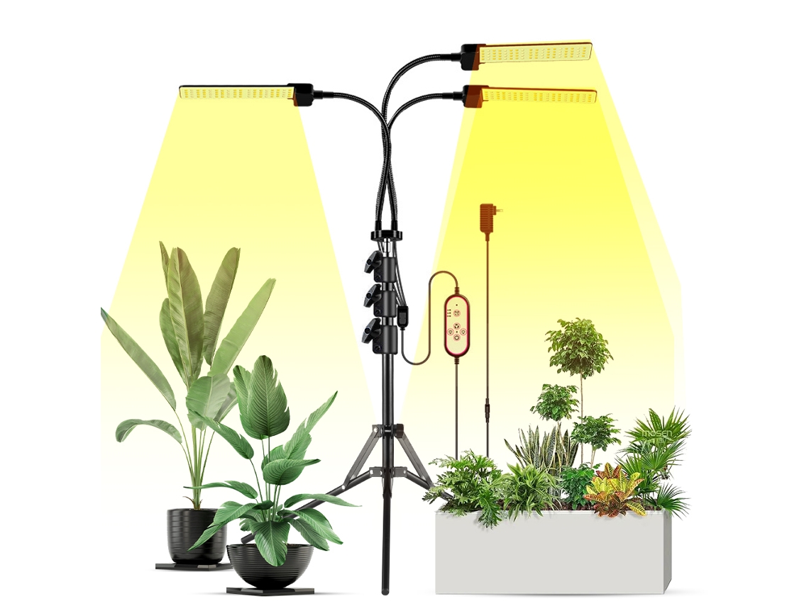 Luces LED de cultivo de 3 cabezales para plantas de interior, espectro completo, 3 modos de luz, 5 niveles de brillo, 3 tiempos con trípode de altura ajustable.