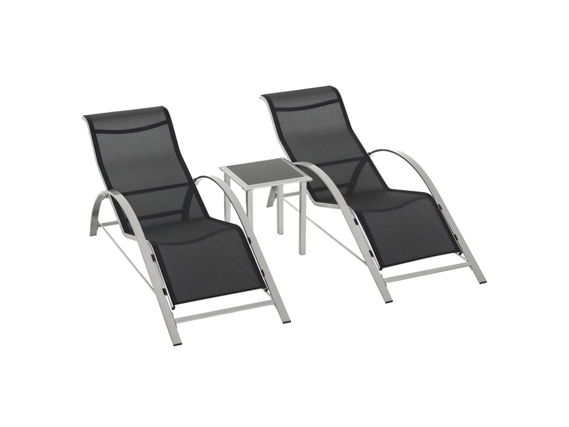 Conjunto 2 Sillas Jardín, Mesa Cristal, 59x169x66cm, Negro+gris