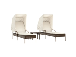 Conjunto de Tumbonas con Toldo y Mesa, 2 Piezas, Mimbre, Patas Marrones, EXCLUSIVA MAISON