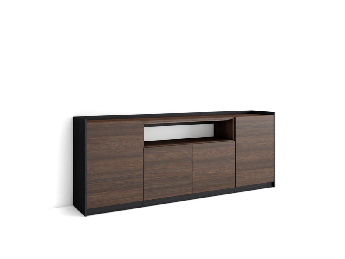 Aparador de comedor, 207x37x80cm, 4 puertas, armario de almacenamiento, roble oscuro y negro.