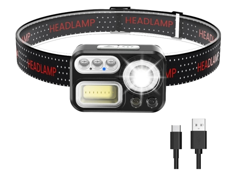 Linterna frontal LED recargable, resistente al agua USB-C, 200 lúmenes superbrillante, con batería de 1500 mAh, sensor de movimiento, 5 fuentes de ...