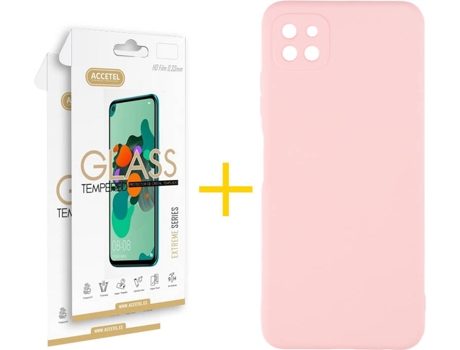 Funda y Protector de Vidrio 2 x Samsung Galaxy A22 5G ACCETEL Silicona Líquida Rosa Crema