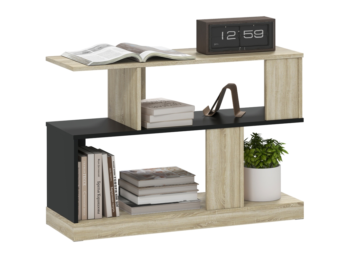 Mesita Auxiliar En Forma De S, Mesita De Noche Con 3 Estantes De Almacenamiento, 90 X 30 X 61 Cm, Efecto Madera Negra Natural.