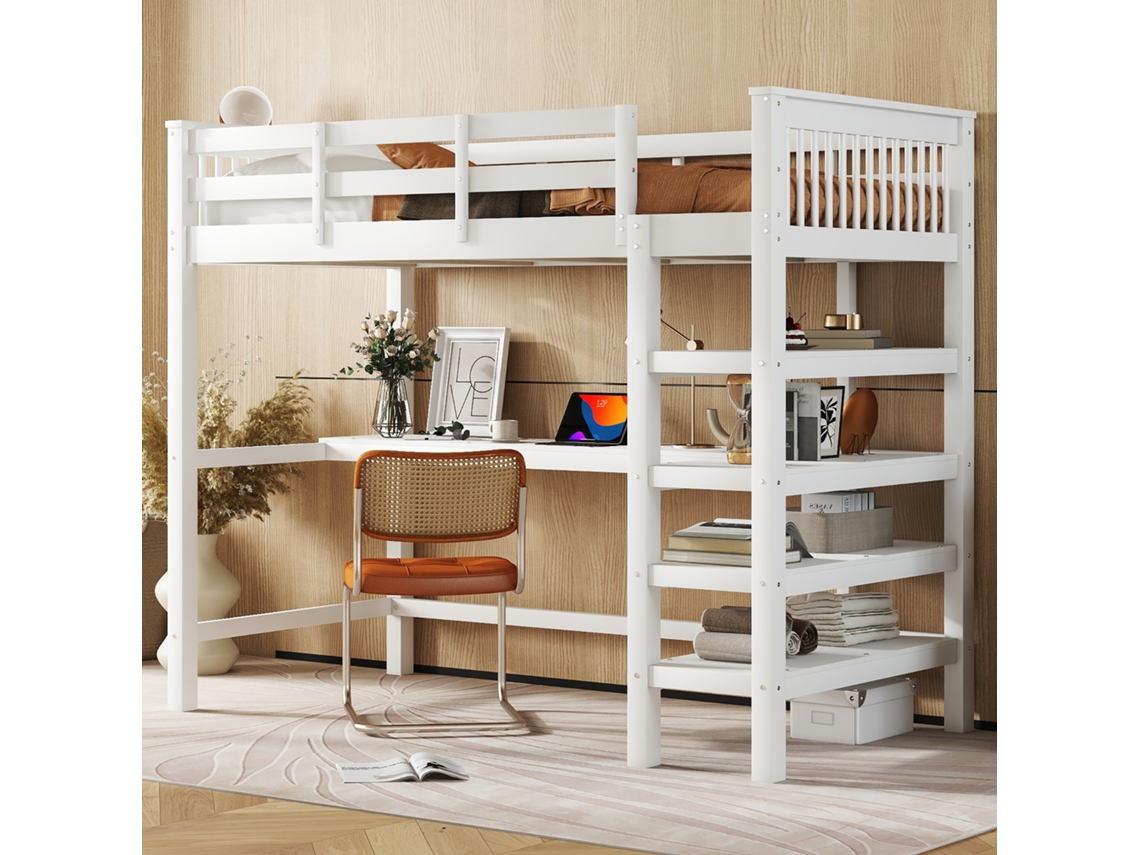 Cama Alta Infantil De 90x200 Cm, Escritorio Debajo De La Cama, Estantes De Almacenamiento, Estructura De Madera Blanca, Colchón No Incluido.