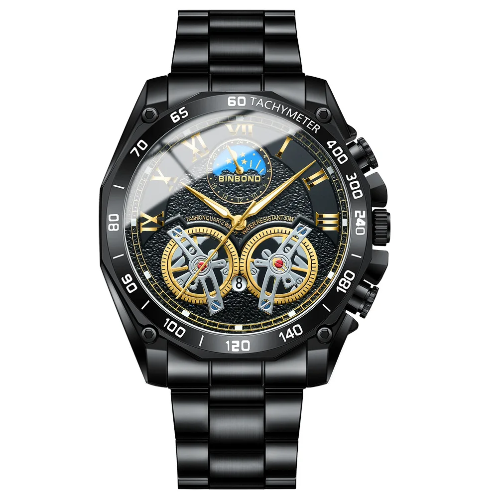 Reloj De Cuarzo De Lujo Para Hombre (negro Con Manecillas Doradas), Esfera Decorativa, Resistente Al Agua.