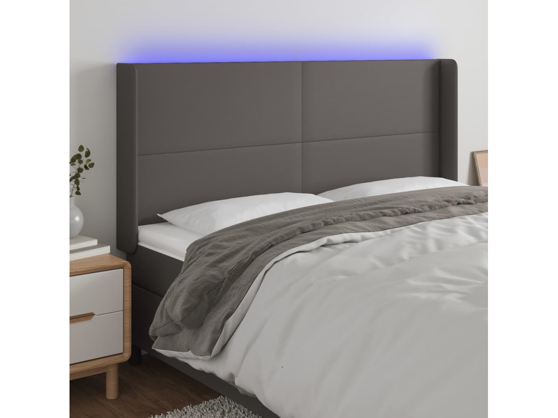 Cabecero Con Led Cuero Sintético Gris 163x16x118/128cm