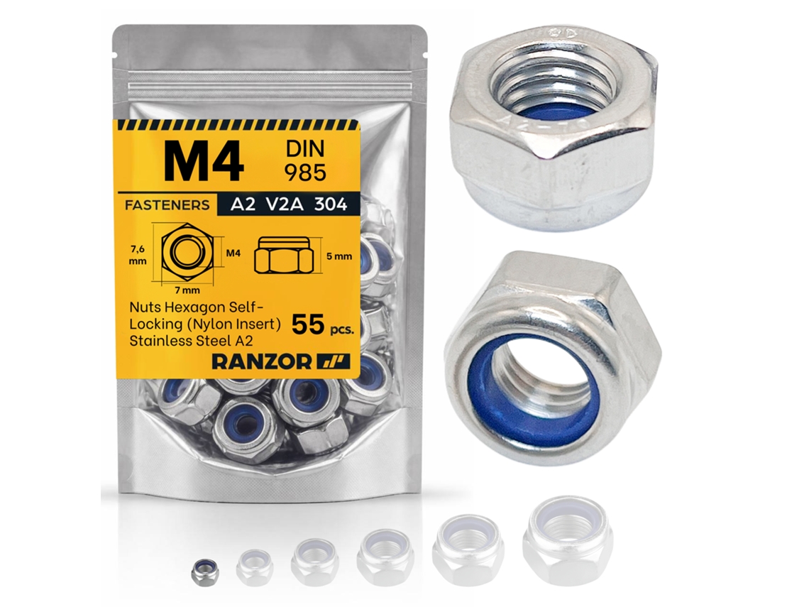 Tuerca Autoblocante Inox A2 Din 985 M4 (55 Un.) Ranzor | Hex Lock Nut Stainless Steel Aisi 304