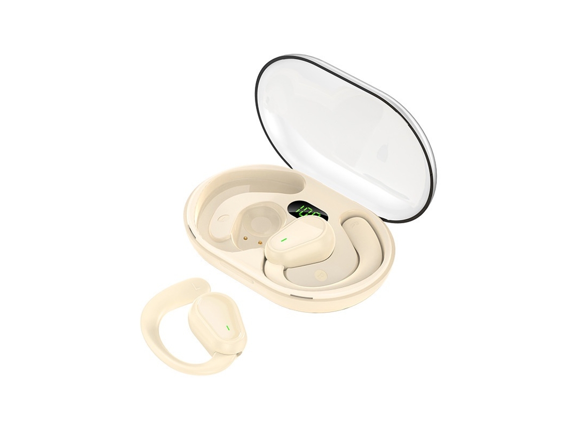 Auriculares inalámbricos con gancho, sonido estéreo, pantalla LED y cancelación de ruido.