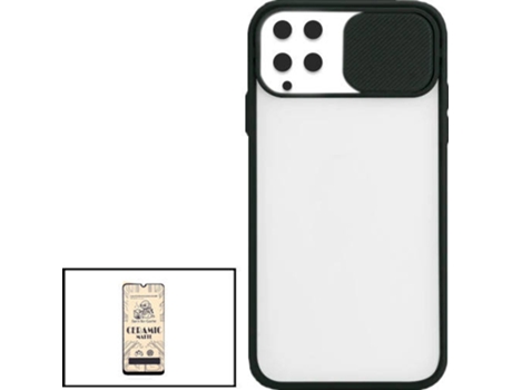 Kit Funda Slide Window Anti Choque Frosted y Cristal Templado CeramicGlass Full Cover Samsung Galaxy M22 PHONECARE Negro