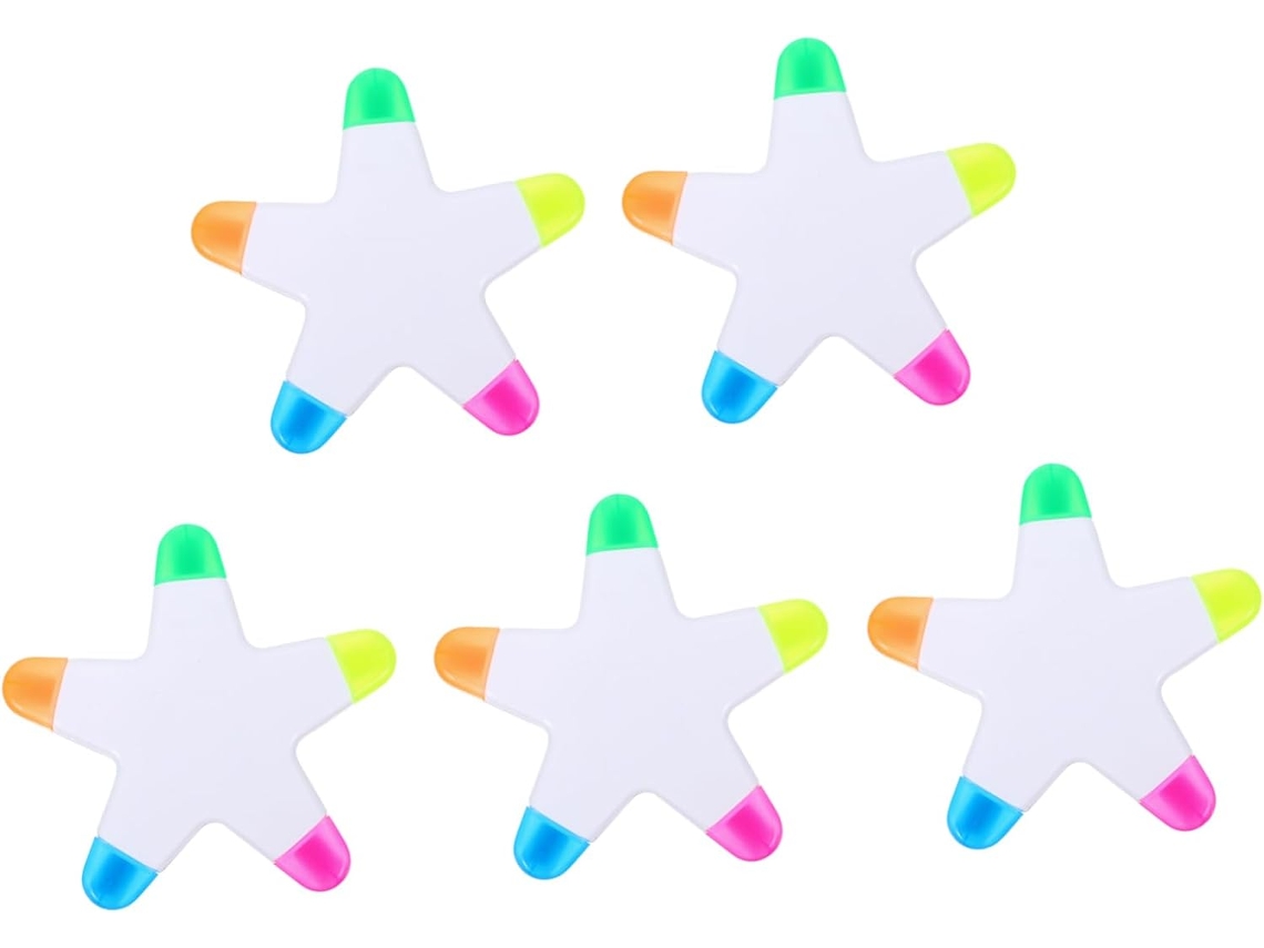 Juego de 5 marcadores fluorescentes con forma de estrella, multicolores, ergonómicos e ideales para estudiar.