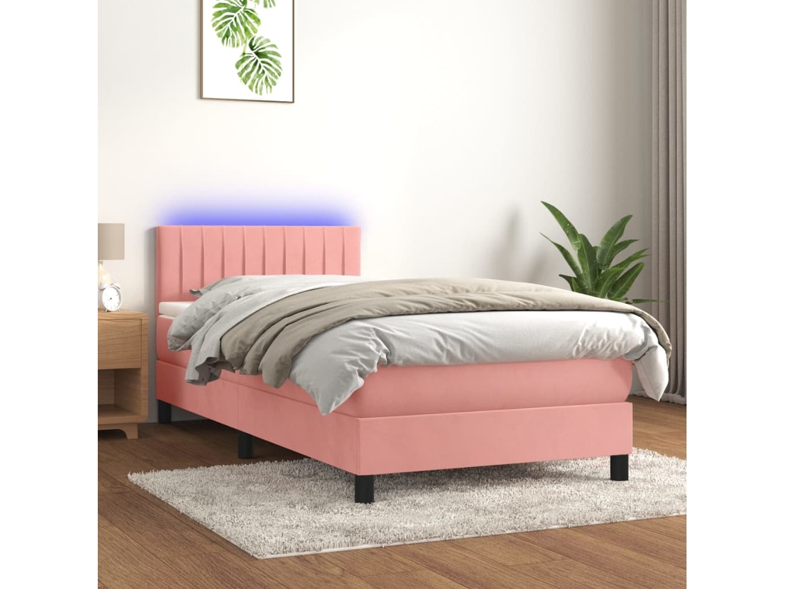 Cama Box Spring Colchón Y Led Terciopelo Rosa 90x200 Cm