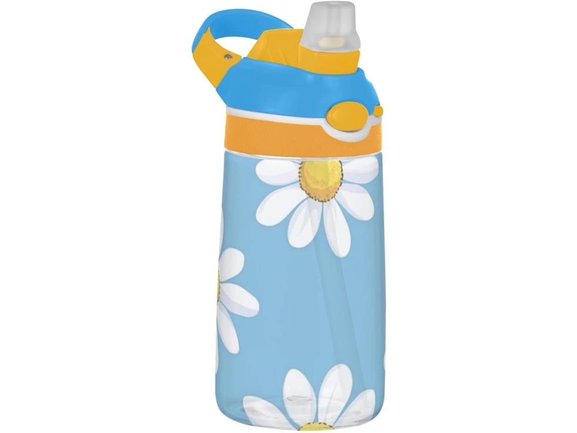 Botella de agua deportiva con estampado de margaritas azules y blancas (sin marca)