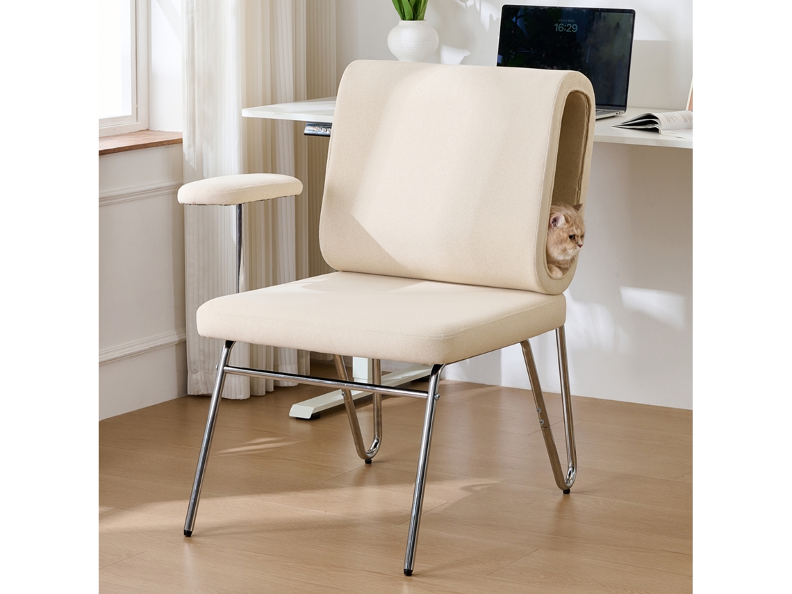 Silla de oficina con cama para gatos integrada, fabricada en material resistente a los arañazos, reposabrazos reemplazables, color beige.