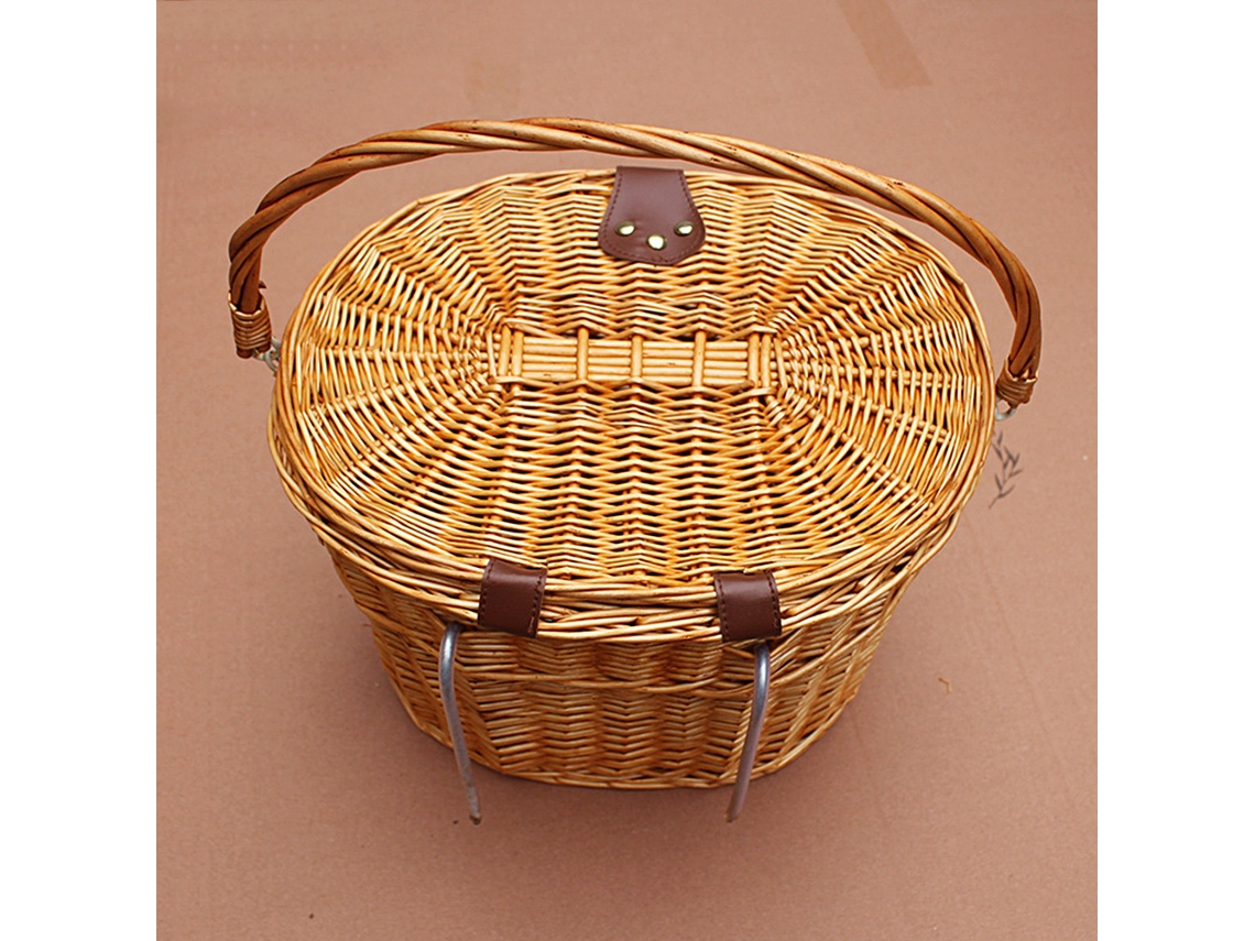 Cesta Rústica De Ratán Para Bicicleta Con Tapa Y Asa De Transporte.