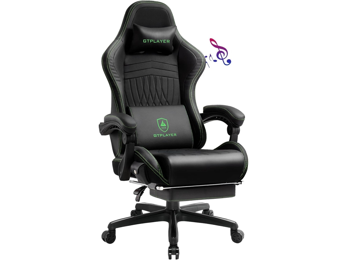 Silla GTPLAYER para Juegos, Silla Ergonómica para Juegos, Silla de Escritorio con Reposapiés, Silla de Oficina con Música Negro Verde