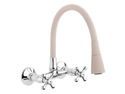 Grifo de Cocina INVENA de Boquilla Elástica En Beige con Acabado Cromado, Montado En La Pared con Cruces de Palanca