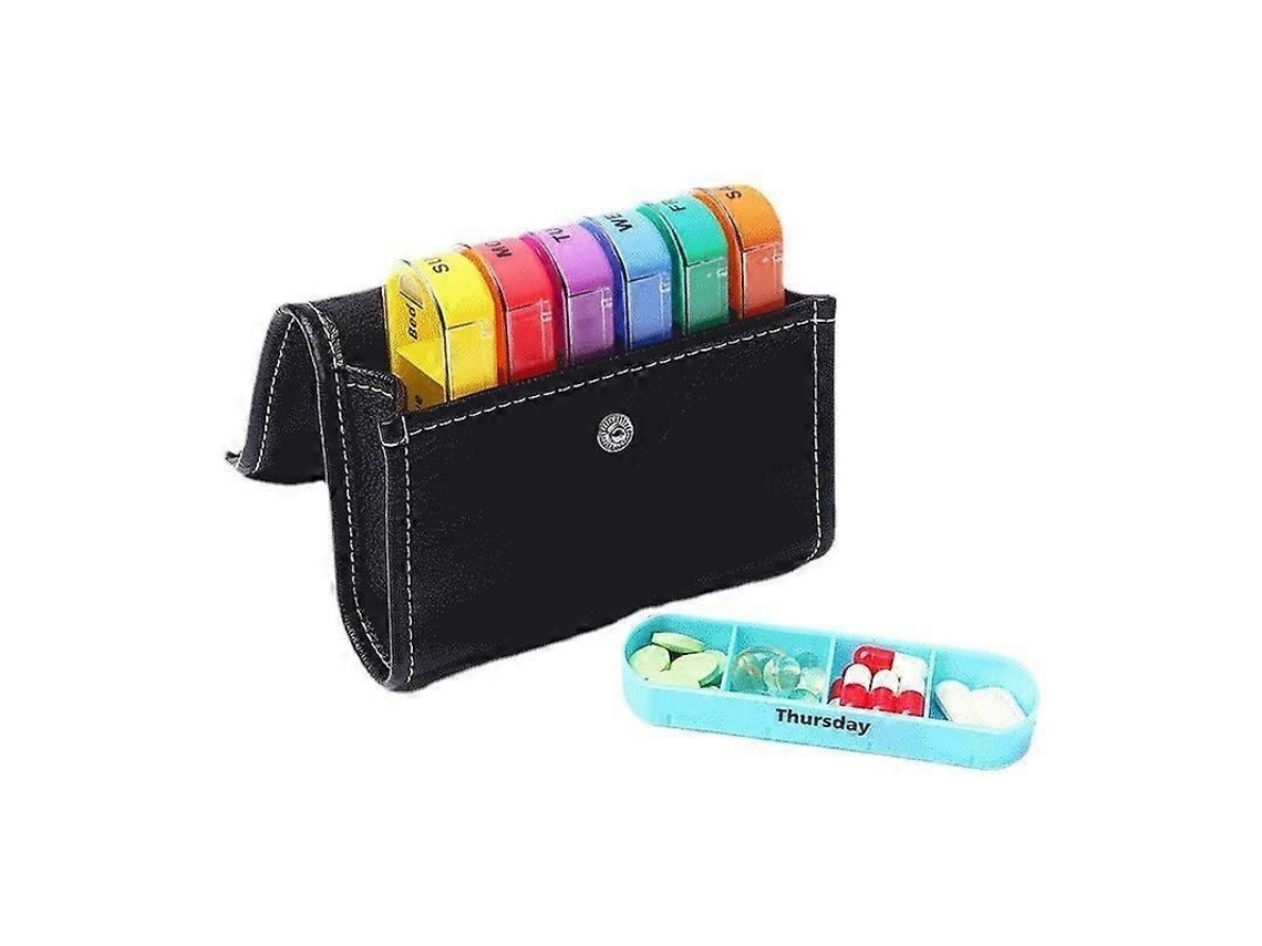 Caja Semanal Para Medicamentos, 7 Días, 4 Veces, Con 28 Compartimentos Y Bolsa De Pu Para Vitaminas Y Suplementos (negra)