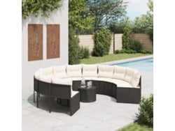 Sofá de jardín con mesa y cojines, redondo, de mimbre, negro, PE, Dkd Home Decor