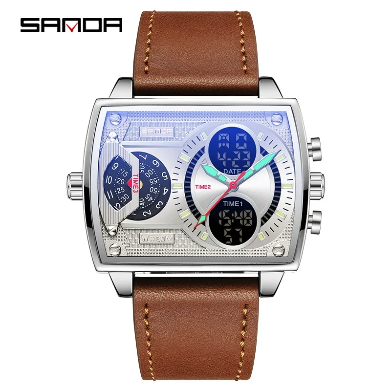 Reloj De Pulsera Deportivo Casual De Cuarzo, Estilo Militar, Cuadrado, Elegante, De Cuero (plateado), Resistente Al Agua, Con Alarma Para Hombre.
