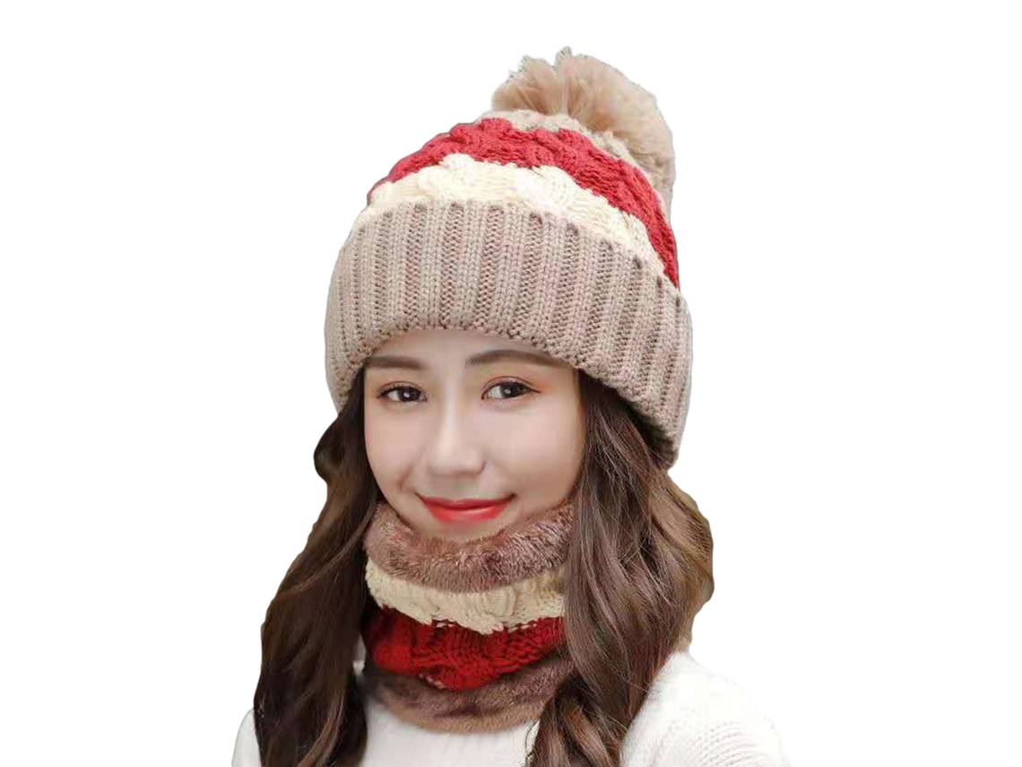 2026-set Gorro Bufanda Invierno Mujer Tejido Forrado Polar Con Pompon Calientito Ski Ciclismo