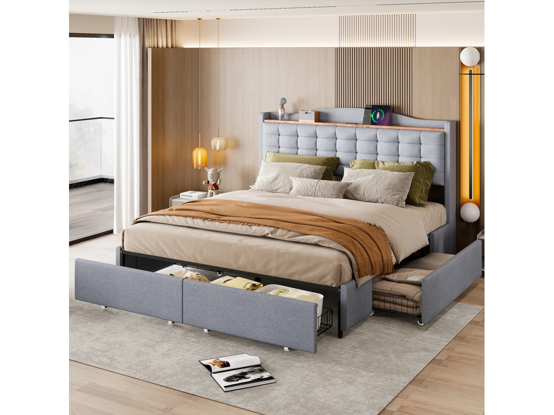 Cama Doble De Lino Gris, 160x200 Cm, 4 Cajones, Usb, Funcional.