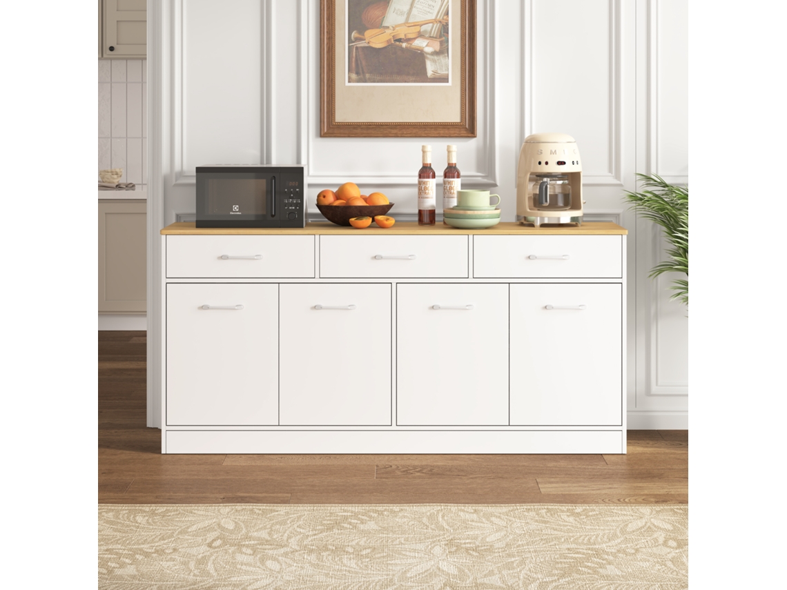 Aparador De Cocina Con 3 Cajones Y Encimera De Madera Blanca.