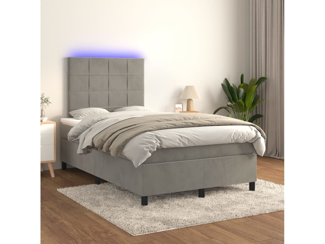 Cama Box Spring Colchón Y Led Terciopelo Gris Claro 120x200 Cm
