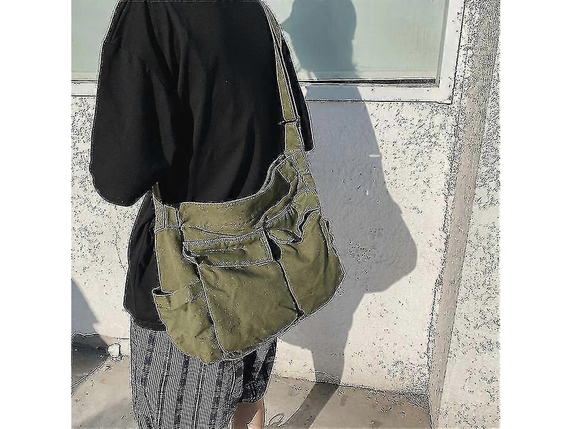 Bolso grande de lona con múltiples compartimentos, bolso de hombro informal para mujer/hombre, negro