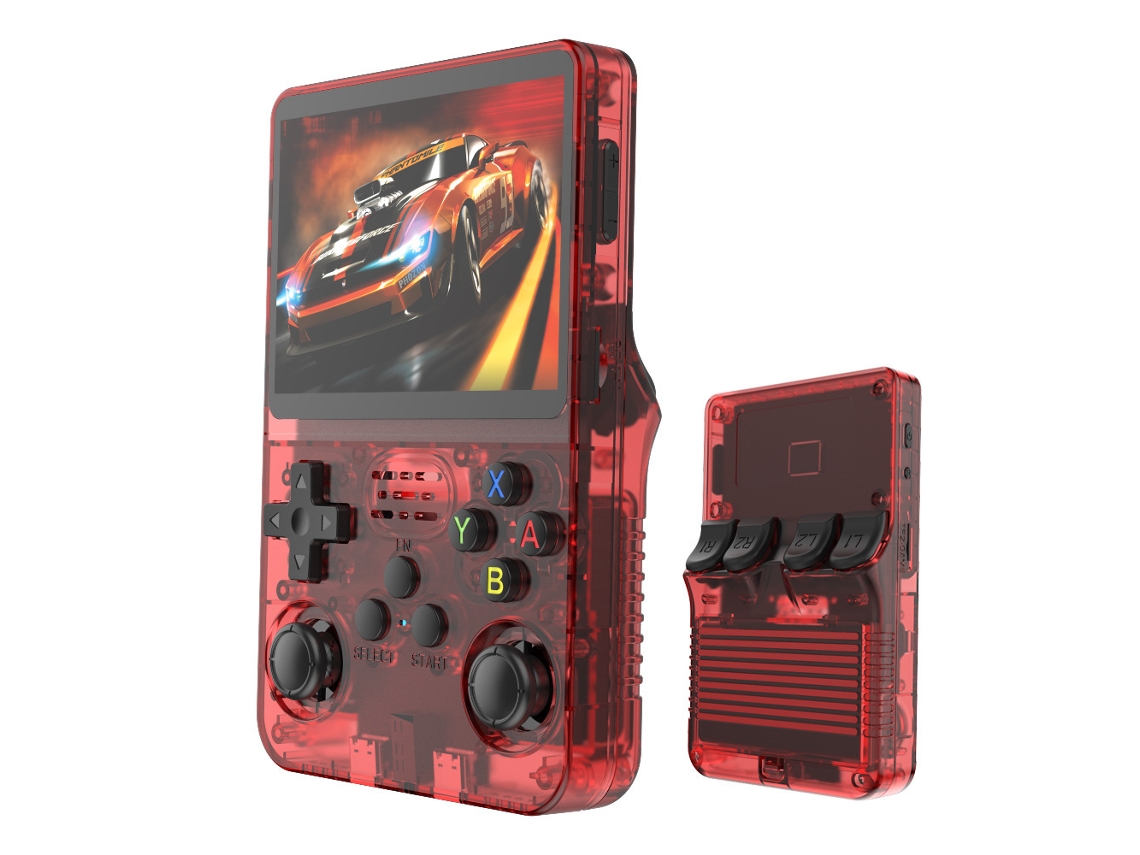 Consola de juegos Fwinl K36, sistema Linux portátil de código abierto, consola de juegos retro arcade portátil con joystick rojo translúcido de 128 GB