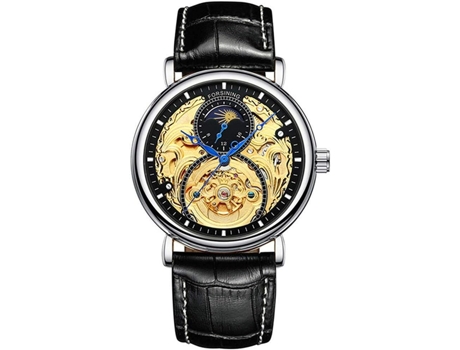 VEANXIN Relojes de pulsera automáticos de cuero y acero inoxidable con esqueleto-negro plata negro