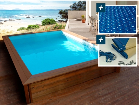 Piscina rectangular de madera "Toledo" - 3.00 x 2.00 x 0.71 m - Cubierta de burbujas 180 µ - Cubierta de invierno 280 g/m²