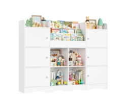 Mueble de almacenamiento de juguetes, múltiples compartimentos, diseño apto para niños, blanco.