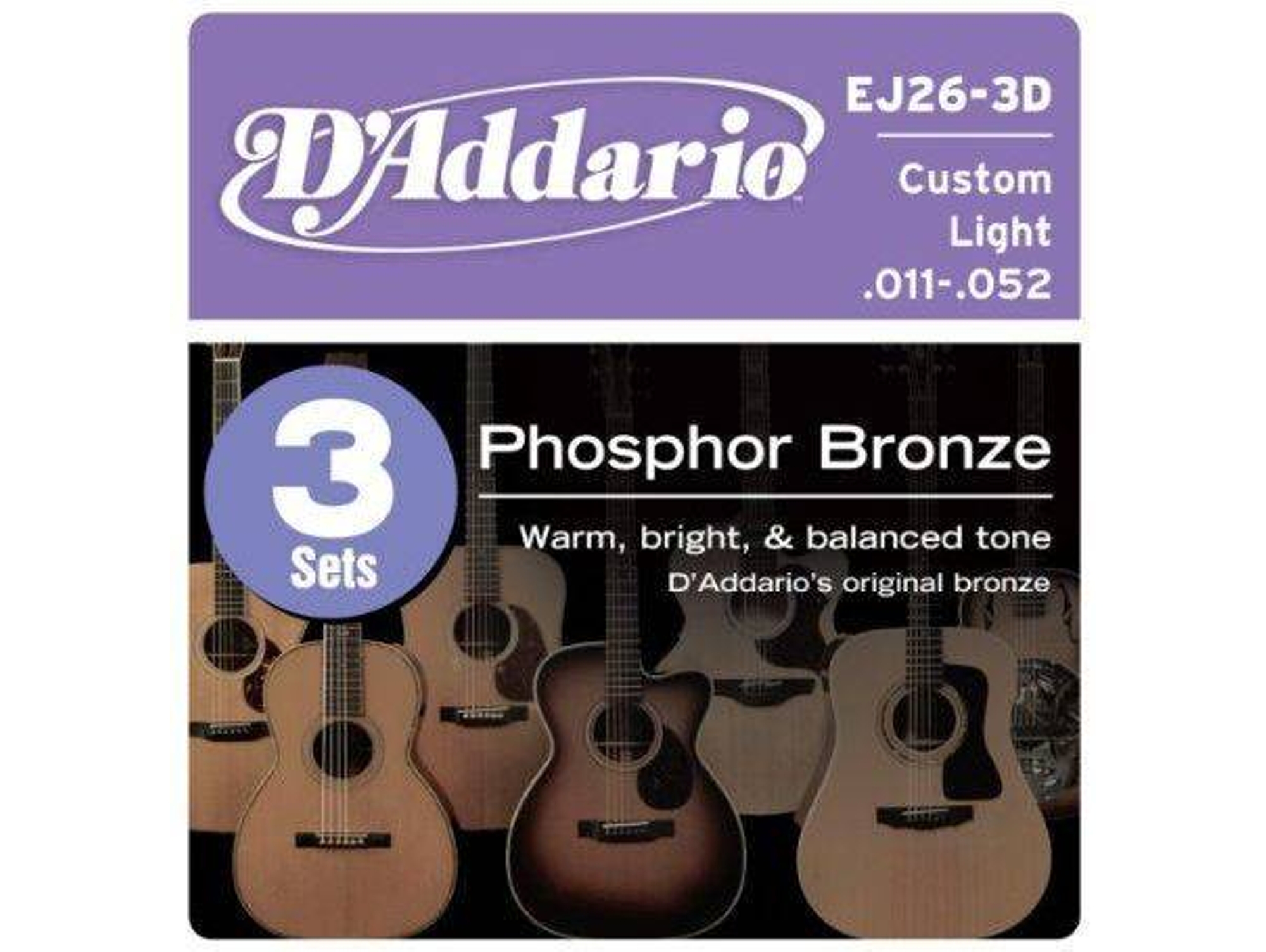 Juego de Cuerdas Guitarra Acústica D'ADDARIO EJ26-3D (.011- .015- .022- .032- .042- .052 - Bronce)