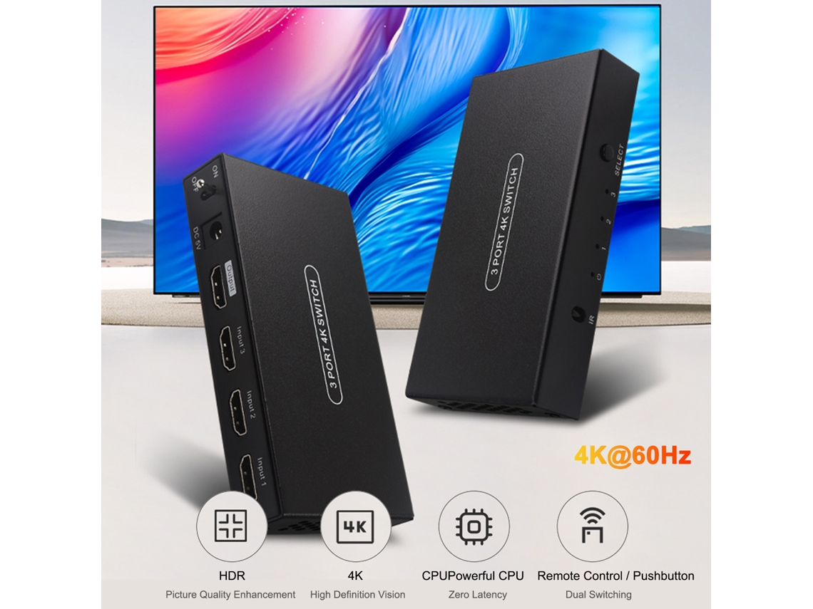 Conmutador Hdmi 3 Entradas 1 Salida 2.0 Compatible Con 4k60hz Hdr Botón De Control Remoto