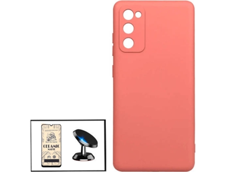 Kit Cristal Templado CeramicGlass Full Cover, Funda Silicona y Soporte Magnético de Coche Samsung Galaxy M02s PHONECARE Rosa