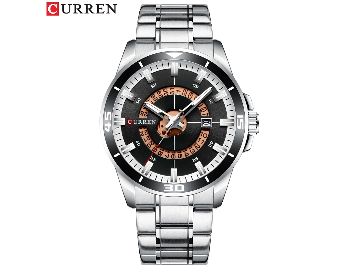 Reloj de cuarzo para hombre con calendario, redondo, en blanco y negro, con un diseño minimalista.
