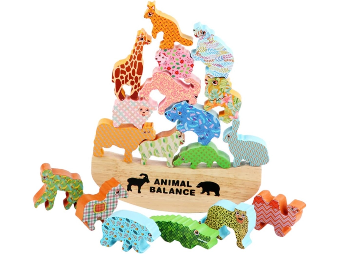 1 juego de juguetes educativos de madera para niños y niñas: bloques apilables con figuras de animales.
