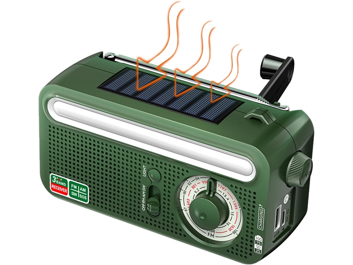Radio AM/FM recargable con energía solar, con manivela, cargador USB, linterna LED, alarma SOS y luz de lectura para caminatas.