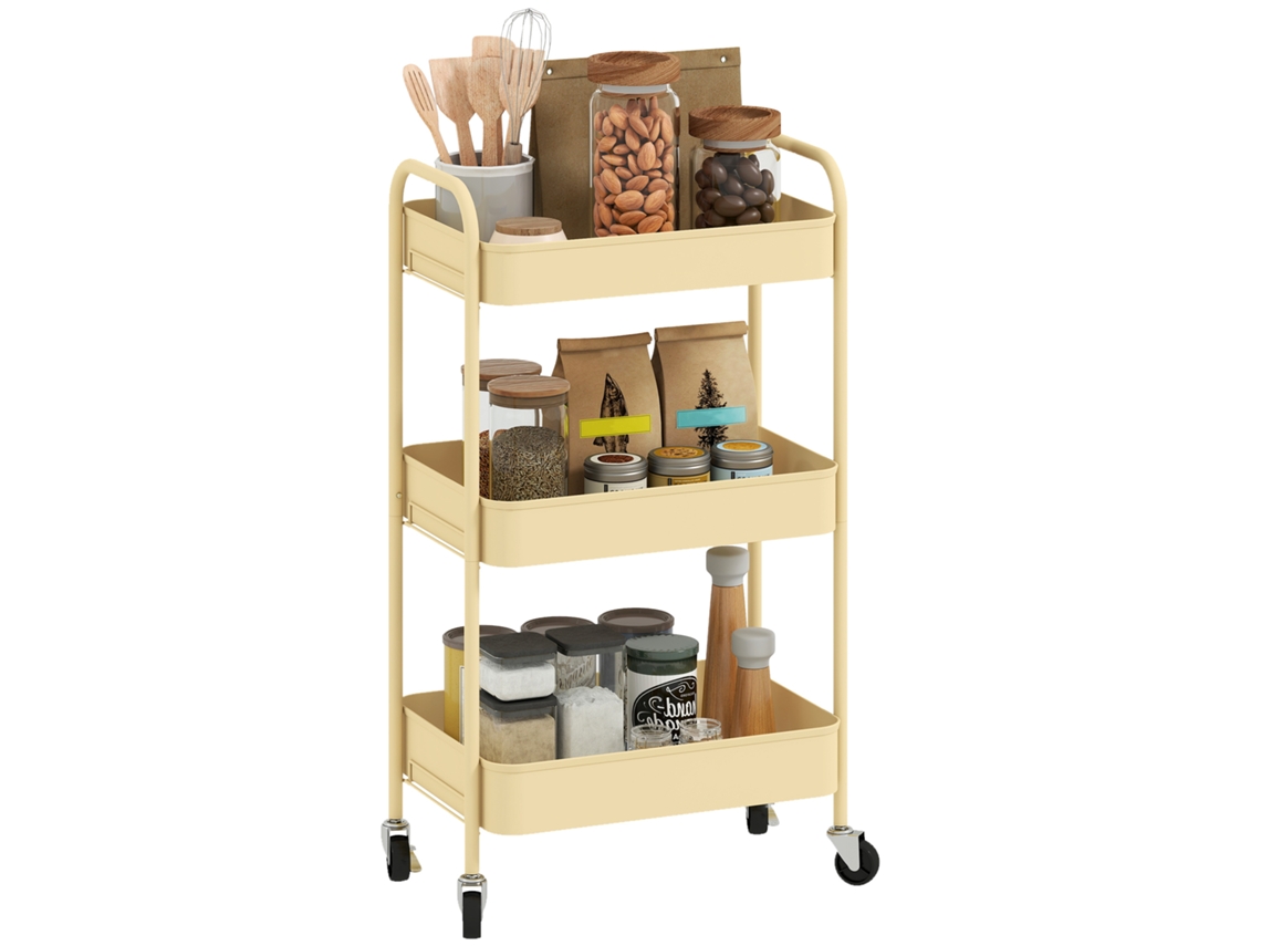 Carrito De Cocina Multiusos Con 3 Niveles, Cestas Y Asas, Color Amarillo.