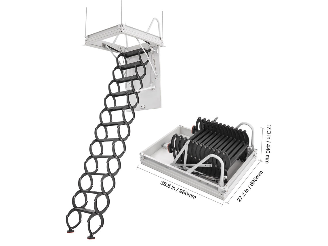 Escalera de ático ajustable de acero Succebuy para techos de 2,7 a 2,9 m (9-9,5 pies a 9,5 pies), abertura de 101,6 cm x 68,5 cm (40" x 27")