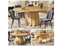 Mesa de comedor redonda extensible a tamaño ovalado, de madera.