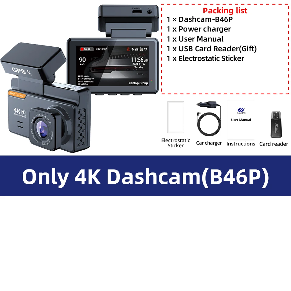 Dvr Para Coche 4k (128 Gb) Con Lentes Duales, Tamaño De 3 Pulgadas Y Gps/wifi