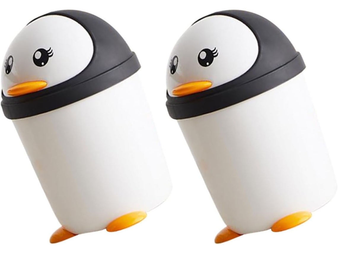 Cubo De Basura De Plástico De 2 Piezas Para Niños Y Niñas Con Tapa Abatible Con Diseño De Pingüino.