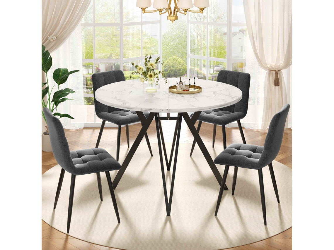 Juego de mesa de comedor de 5 piezas, mesa redonda de 100 cm con patas de metal negro y sillas de lino gris.