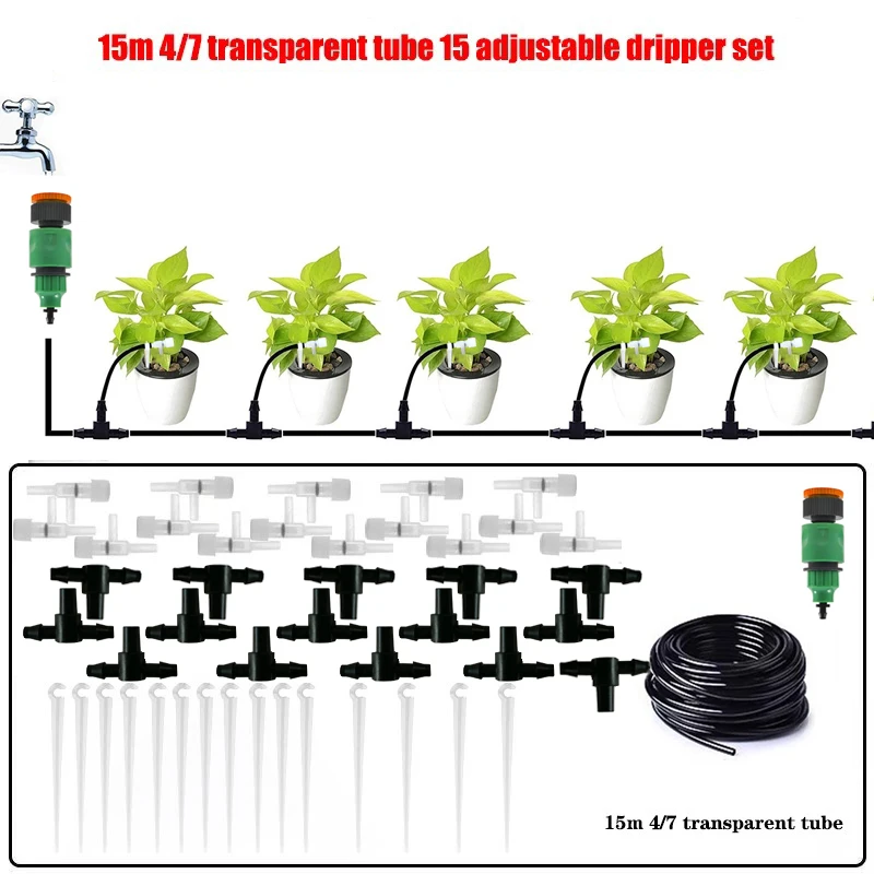 (manguera De 15 Metros, 15 Reguladores) Kit De Riego Por Goteo Para Jardín, Ideal Para Plantas En Maceta, Manguera De 4/7 Mm