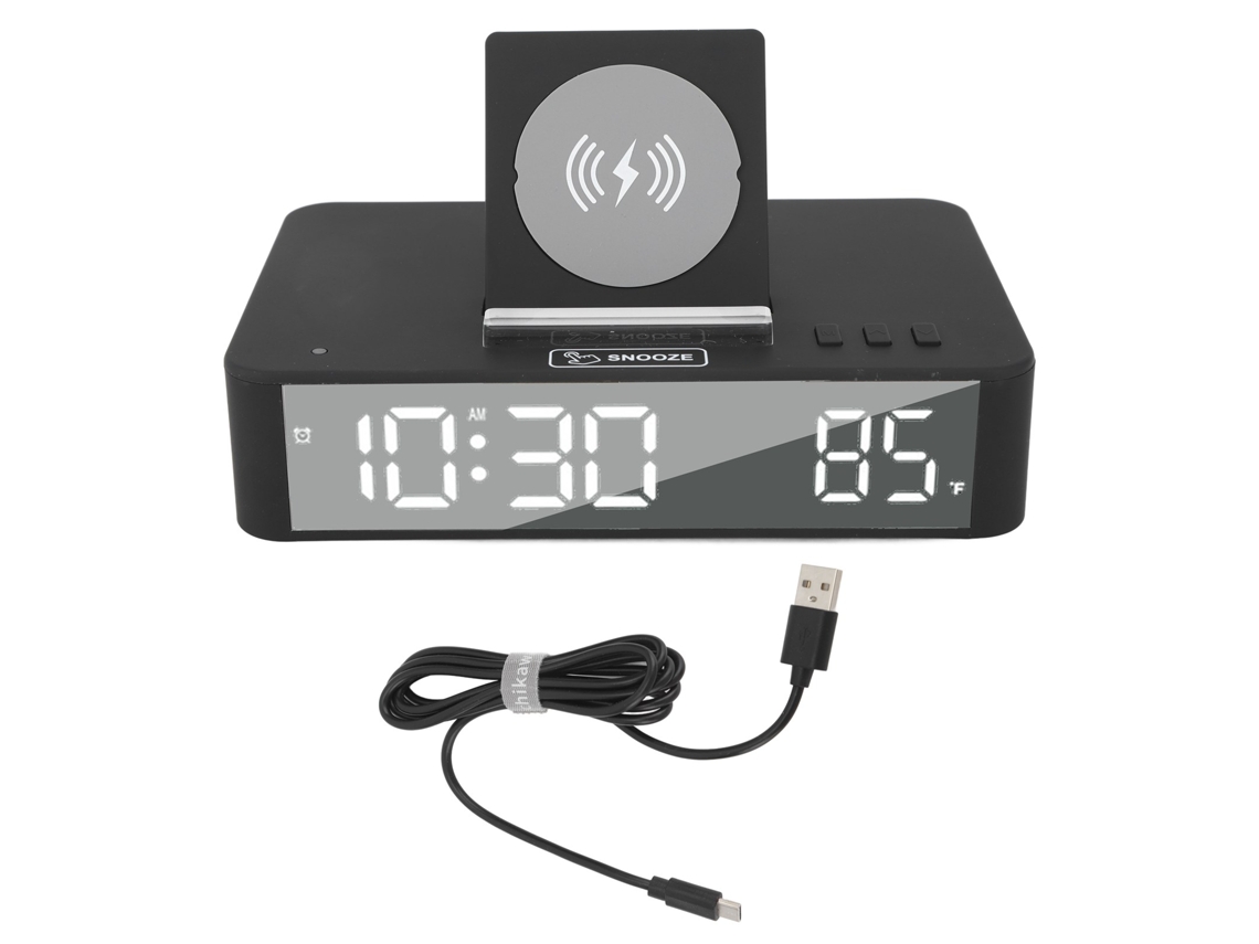 Reloj despertador digital LED Baok-reloj con espejo y carga inalámbrica de 10 W para dormitorio, oficina y hogar EN001 Negro