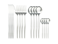 Juego de cubiertos de acero inoxidable y vidrio de 16 piezas, incluye cuchillo, cuchara, tenedor y servilleta. Mdug (plata)