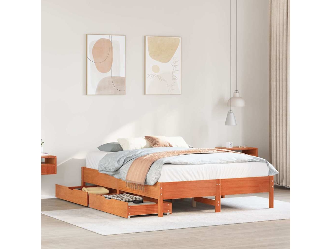 Cama Sin Colchón Madera Maciza De Pino Marrón Cera 140x200 Cm